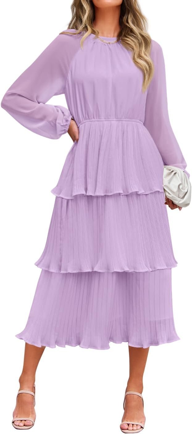 Women’s Long Sleeve Crew Neck Tiered Chiffon Midi Dress