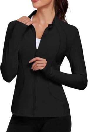 Women's athletic zip-up jacket sport workout shirt gym yoga activewear with pockets