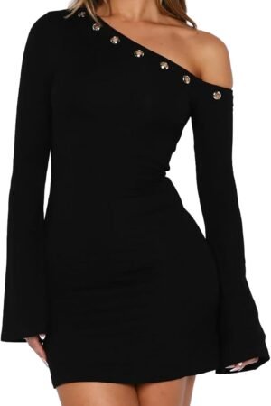 Women’s Off Shoulder Long Sleeve Bodycon Mini Party Dress