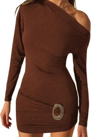Women’s Off Shoulder Long Sleeve Pleated Bodycon Mini Dress