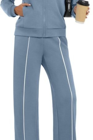 Women's 2-piece zip sweatsuit lounge set wide leg striped tracksuit