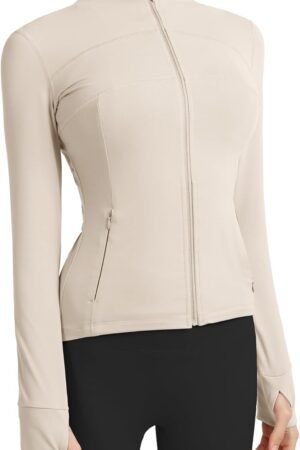 Women's slim fit workout running jacket full zip athletic yoga top thumb holes