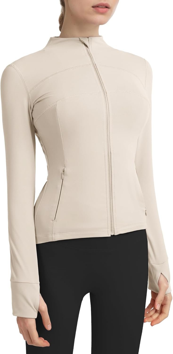 Women's slim fit workout running jacket full zip athletic yoga top thumb holes