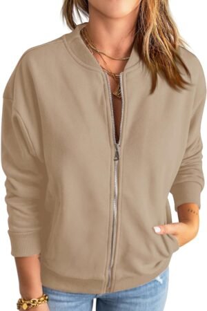 Women’s Zip Up Sweatshirt Jacket Long Sleeve Loose Fit Outerwear with Pockets
