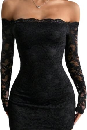 Women’s Lace Long Sleeve Off Shoulder Bodycon Mini Dress