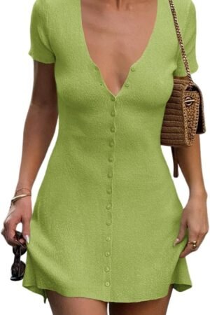 Women’s Short Sleeve Deep V Neck Button Front Knit Mini Dress