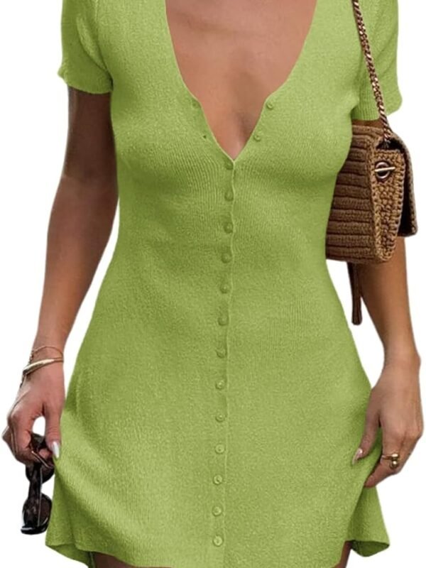 Women’s Short Sleeve Deep V Neck Button Front Knit Mini Dress