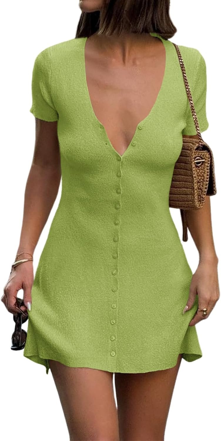 Women’s Short Sleeve Deep V Neck Button Front Knit Mini Dress