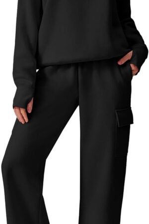 2-piece fleece sweatsuit sweatshirt wide leg cargo sweatpants set with pockets