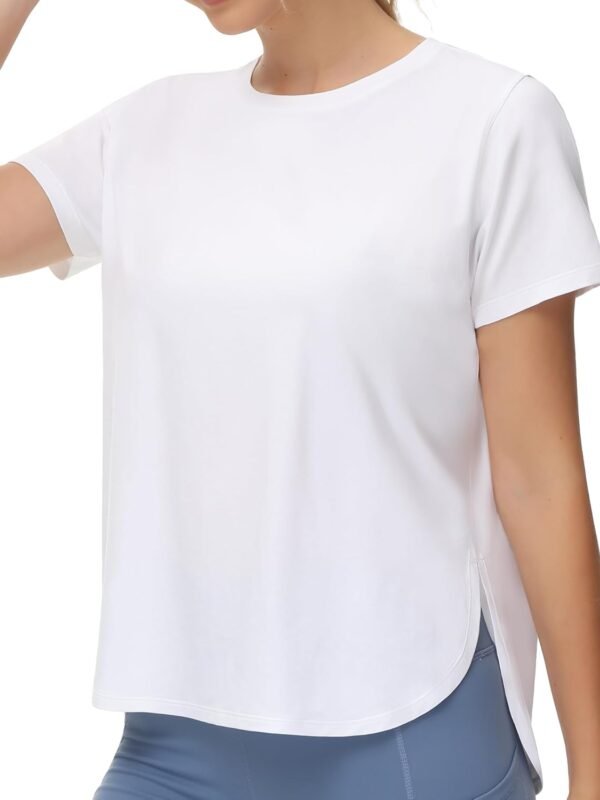 Women's White Casual Short-Sleeve Top with Split Hem—Suitable for Sports