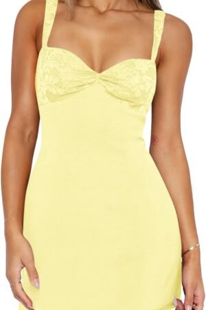 Women’s Sleeveless Square Neck Lace Panel Mini Bodycon Dress