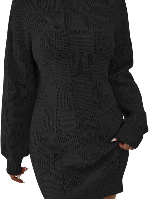 Women’s Mock Neck Sweater Dress Lantern Sleeve Plaid Knit Mini Dress