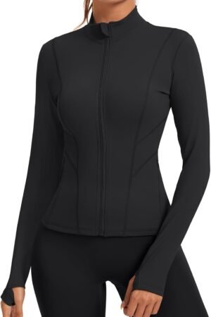 Women's slim fit athletic jacket full zip running yoga workout top thumb holes