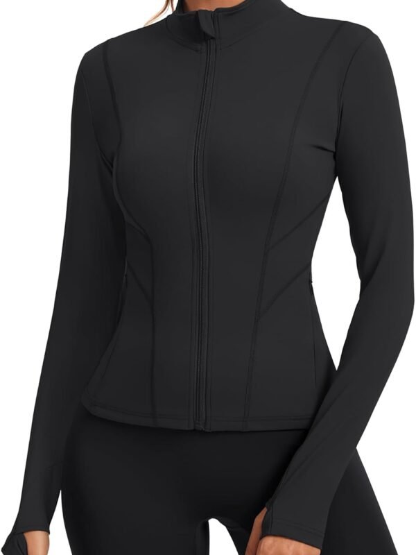 Women's slim fit athletic jacket full zip running yoga workout top thumb holes
