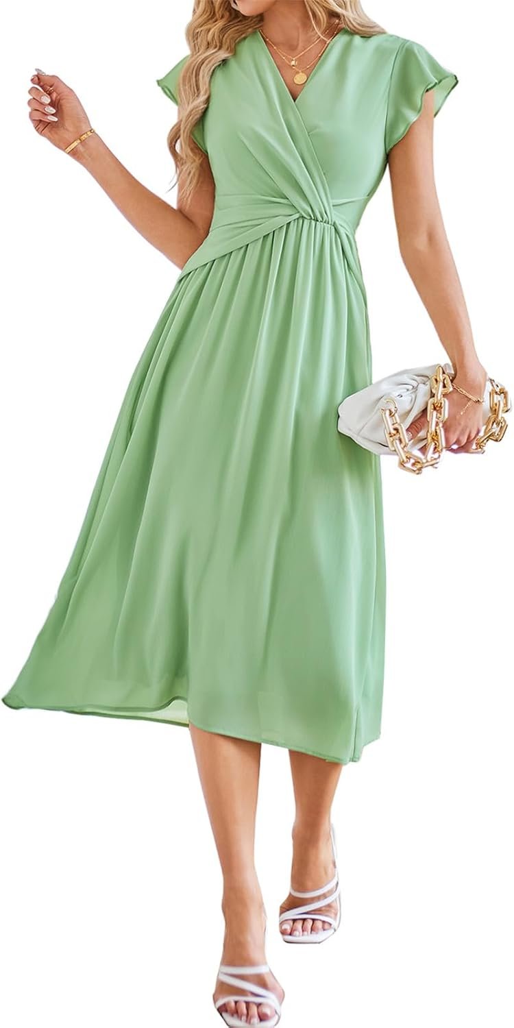 Women’s Ruffle Sleeve Chiffon A-Line Maxi Dress with Elastic Waist