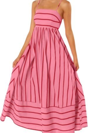 Women’s Striped Smocked Back Maxi Dress with Cut Out Design