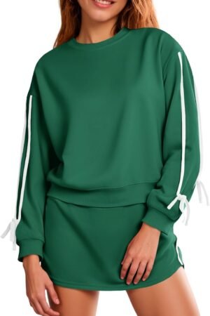 Women's 2-piece outfit crewneck sweatshirt tie waist skort casual set