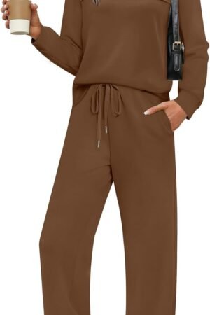 Women's 2-piece lounge outfit sweatshirt casual wide leg tracksuit set