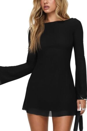 Women’s Long Sleeve Off Shoulder A-Line Dress with Flared Cuffs