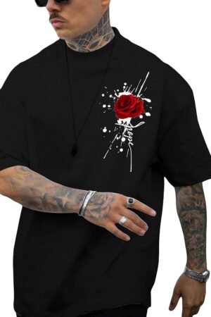 Men's rose print graphic oversized T-shirt casual summer streetwear top