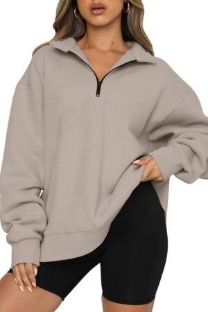 Women’s Oversized Half Zip Fleece Pullover Sweatshirt with Drop Shoulder Design