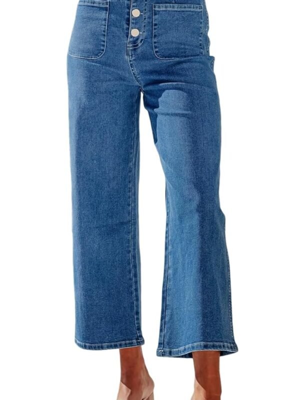 Women’s High Waisted Wide Leg Stretch Straight Denim Jeans with Pockets