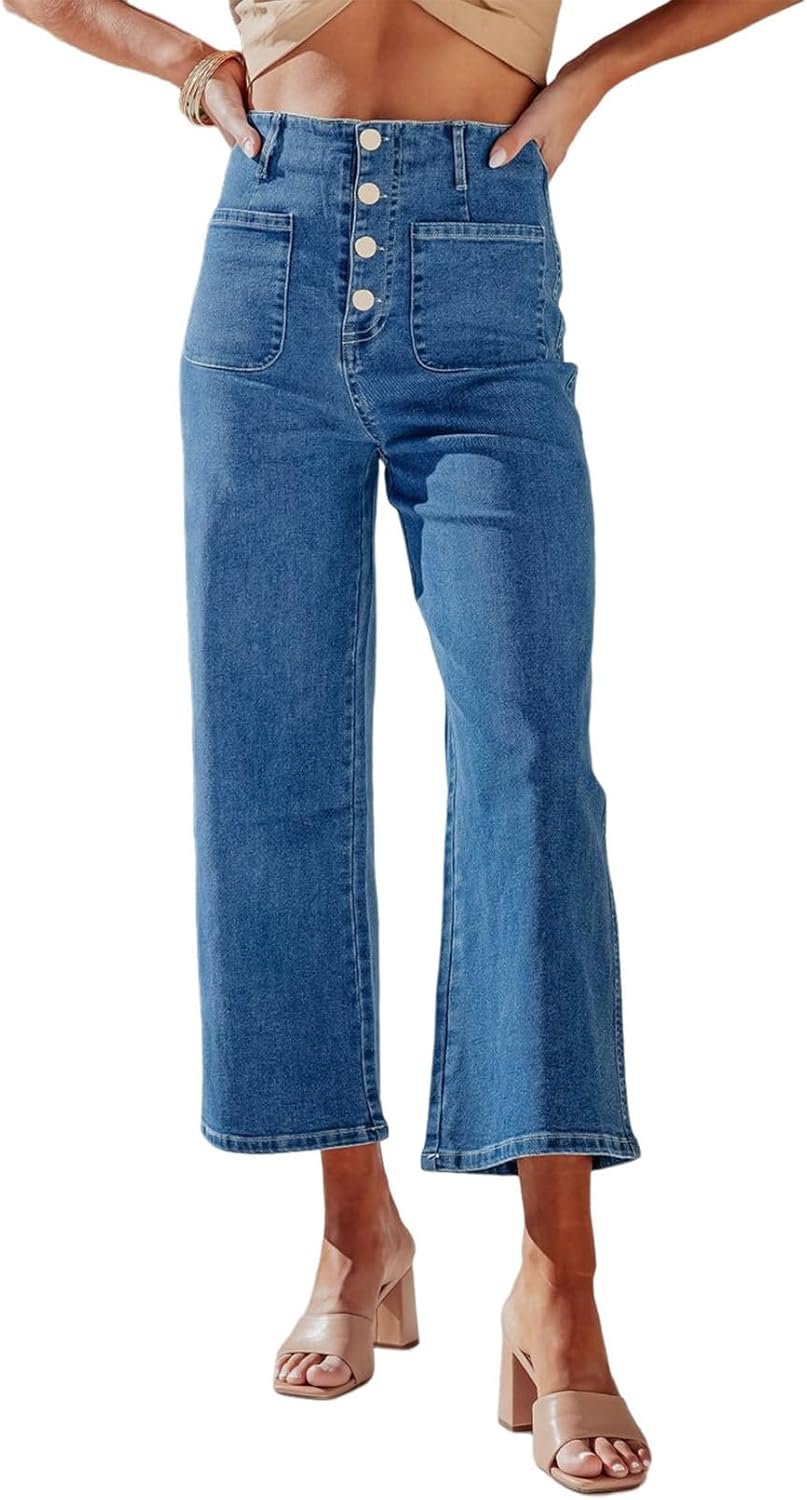 Women’s High Waisted Wide Leg Stretch Straight Denim Jeans with Pockets