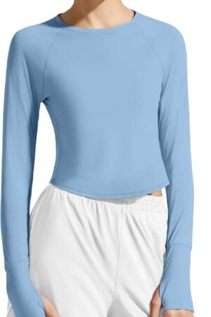 Lightweight women's long sleeve rash guard crop workout shirt thumb holes quick-dry top