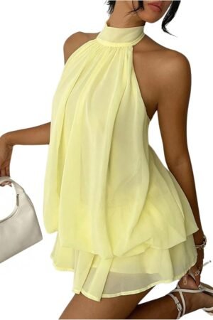 Women’s Chiffon Halter Neck Mini Dress with Ruffled Hem