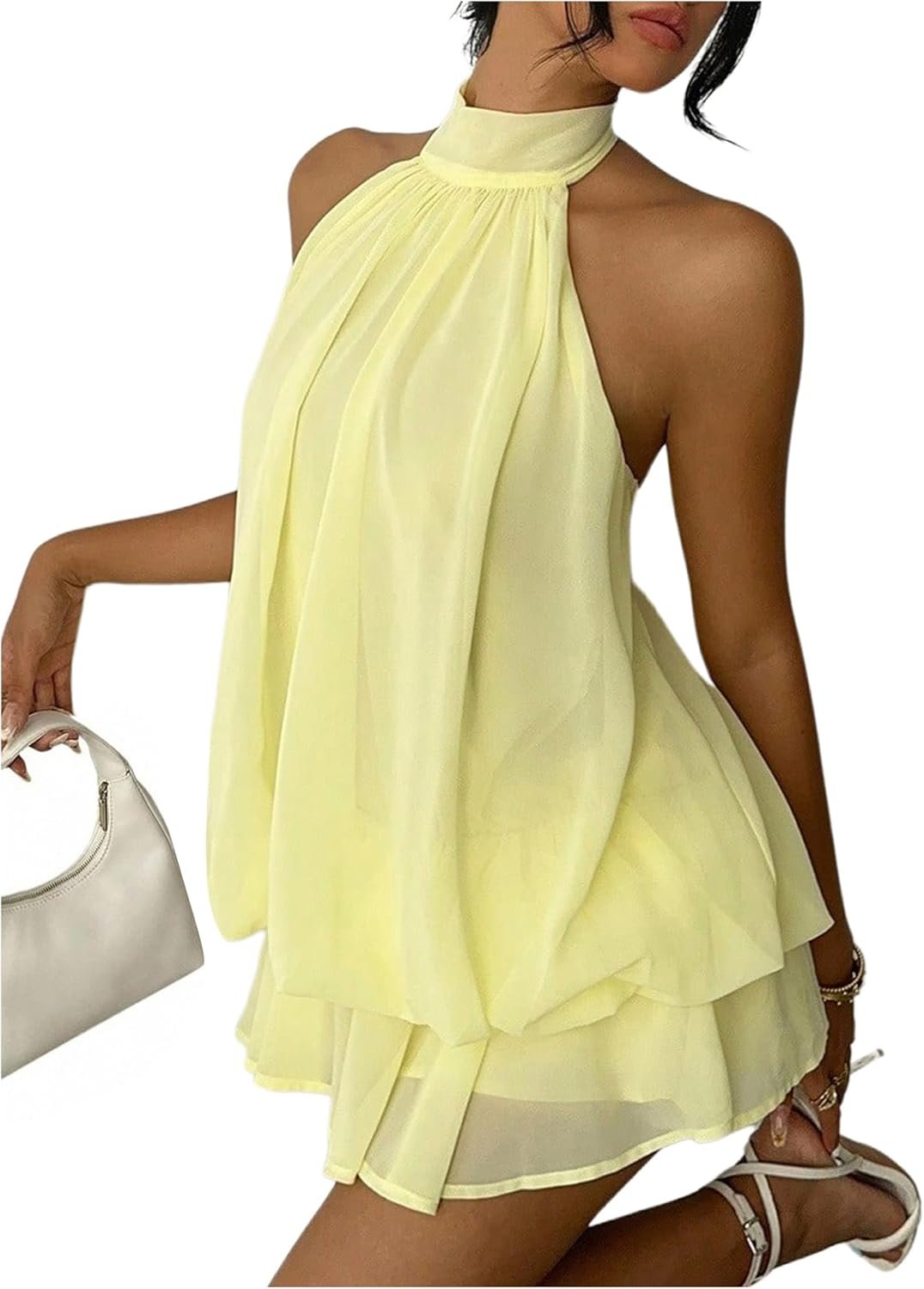 Women’s Chiffon Halter Neck Mini Dress with Ruffled Hem