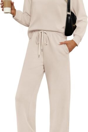 Two-piece fall lounge outfit mock neck top wide leg pants set