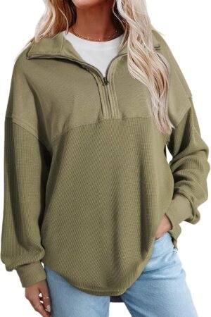 Women’s Casual Waffle Knit Half Zip Long Sleeve Pullover Sweatshirt