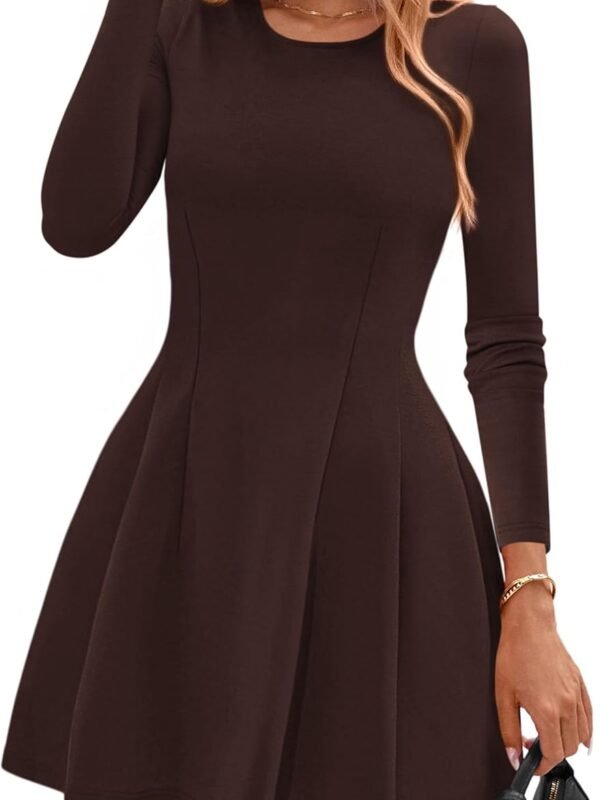 Women’s Long Sleeve Crew Neck Knit Mini Dress Pleated A-Line Casual Party Dress