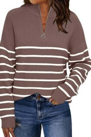 Women’s Quarter Zip Striped Oversized Mock Neck Sweater