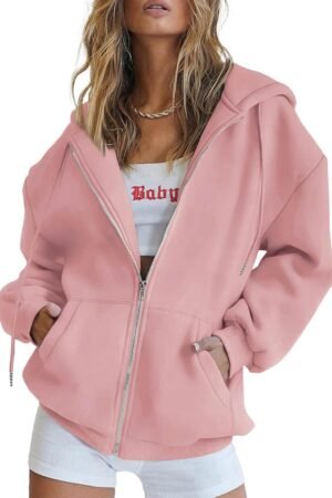 Women’s Zip Up Casual Hooded Sweatshirt Jacket with Pockets
