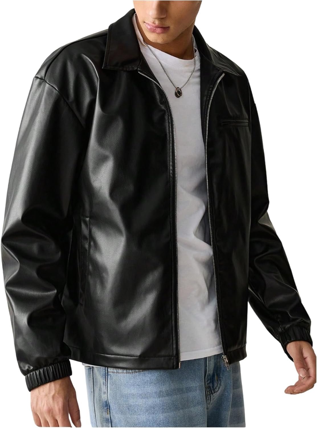 Men’s Faux Leather Motorcycle Jacket Zip Up Lightweight Biker Coat