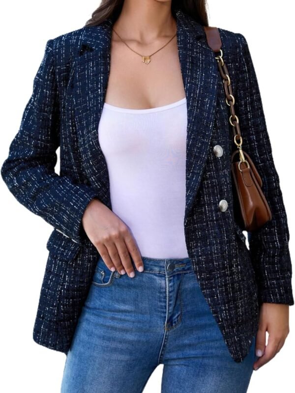 Women’s Oversized Plaid Tweed Blazer Long Sleeve Open Front Jacket