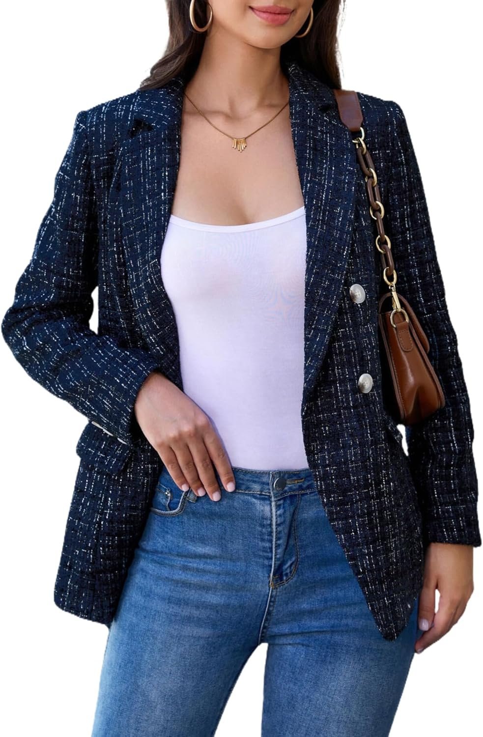 Women’s Oversized Plaid Tweed Blazer Long Sleeve Open Front Jacket