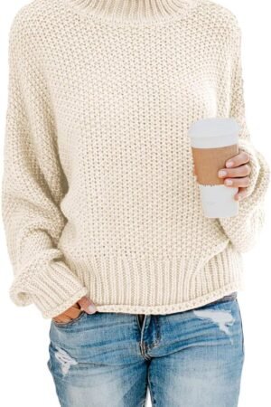 Women’s Solid Turtleneck Balloon Sleeve Knit Sweater Pullover