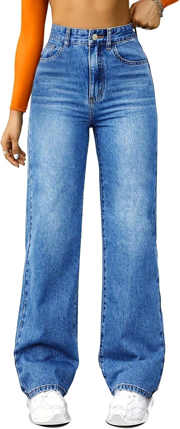 Women’s High Waisted Wide Leg Loose Denim Jeans Stretch Straight Fit