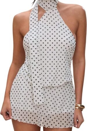 Women’s Polka Dot Halter Neck Backless A-Line Mini Dress