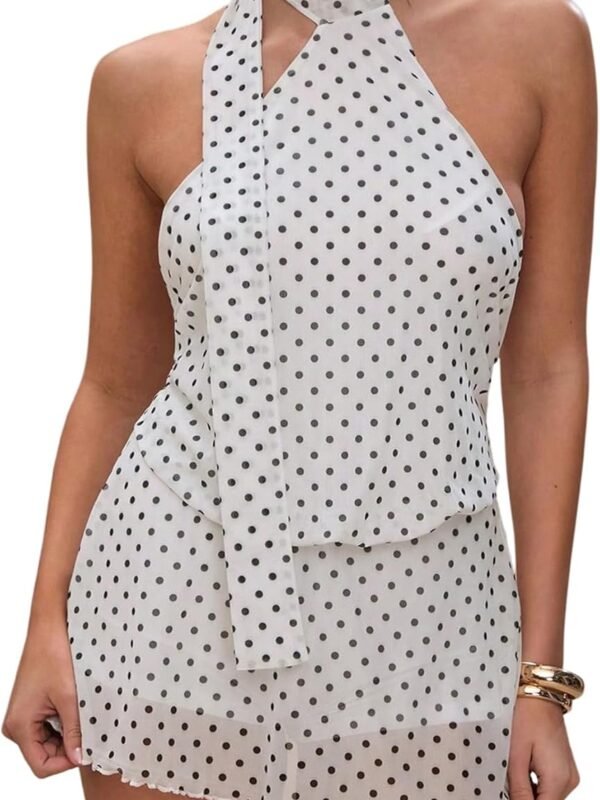 Women’s Polka Dot Halter Neck Backless A-Line Mini Dress