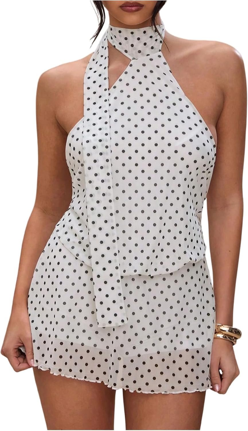 Women’s Polka Dot Halter Neck Backless A-Line Mini Dress