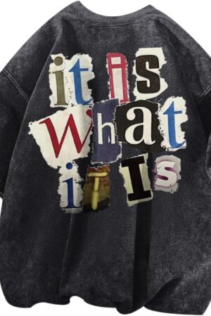Men's graphic funny letter print oversized vintage acid wash casual T-shirt