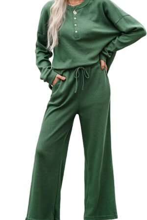 Women's 2-piece knit long sleeve button top wide leg lounge pants set