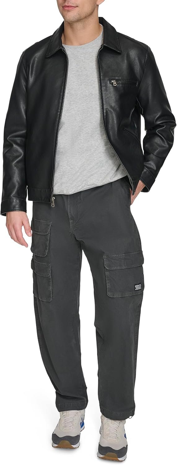 Men’s Faux Leather Racer Jacket with Laydown Collar - Image 2