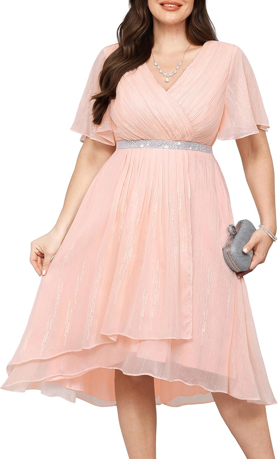 Women’s Plus Size Pleated Wrap V Neck Cocktail Dress