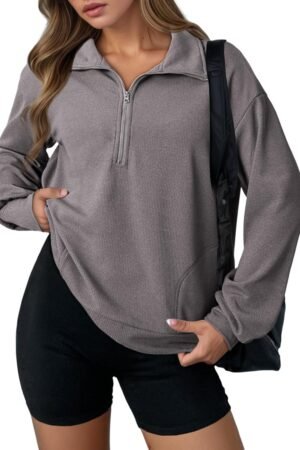Women’s Waffle Knit Half Zip Sweatshirt Long Sleeve Loose Pullover Top