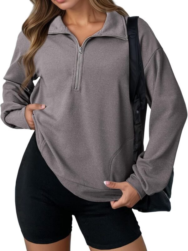 Women’s Waffle Knit Half Zip Sweatshirt Long Sleeve Loose Pullover Top