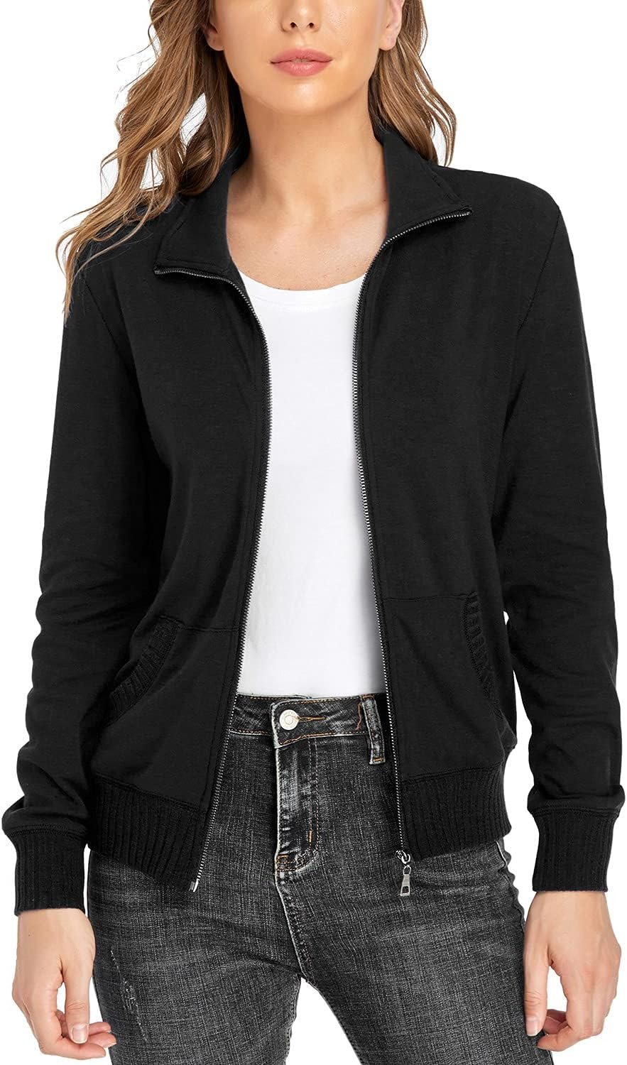 Women’s Stand Collar Zip Up Long Sleeve Running Jacket with Pockets
